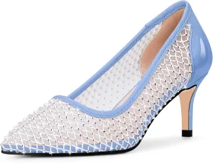 Women's Mesh Pointed Toe Stiletto Heel Pumps Rhinestone Slip On Wedding Party Dress Shoes
