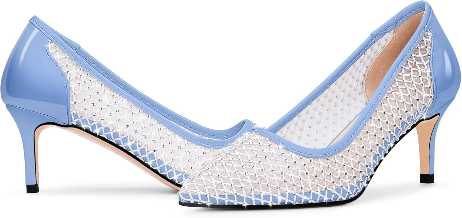 Women's Mesh Pointed Toe Stiletto Heel Pumps Rhinestone Slip On Wedding Party Dress Shoes