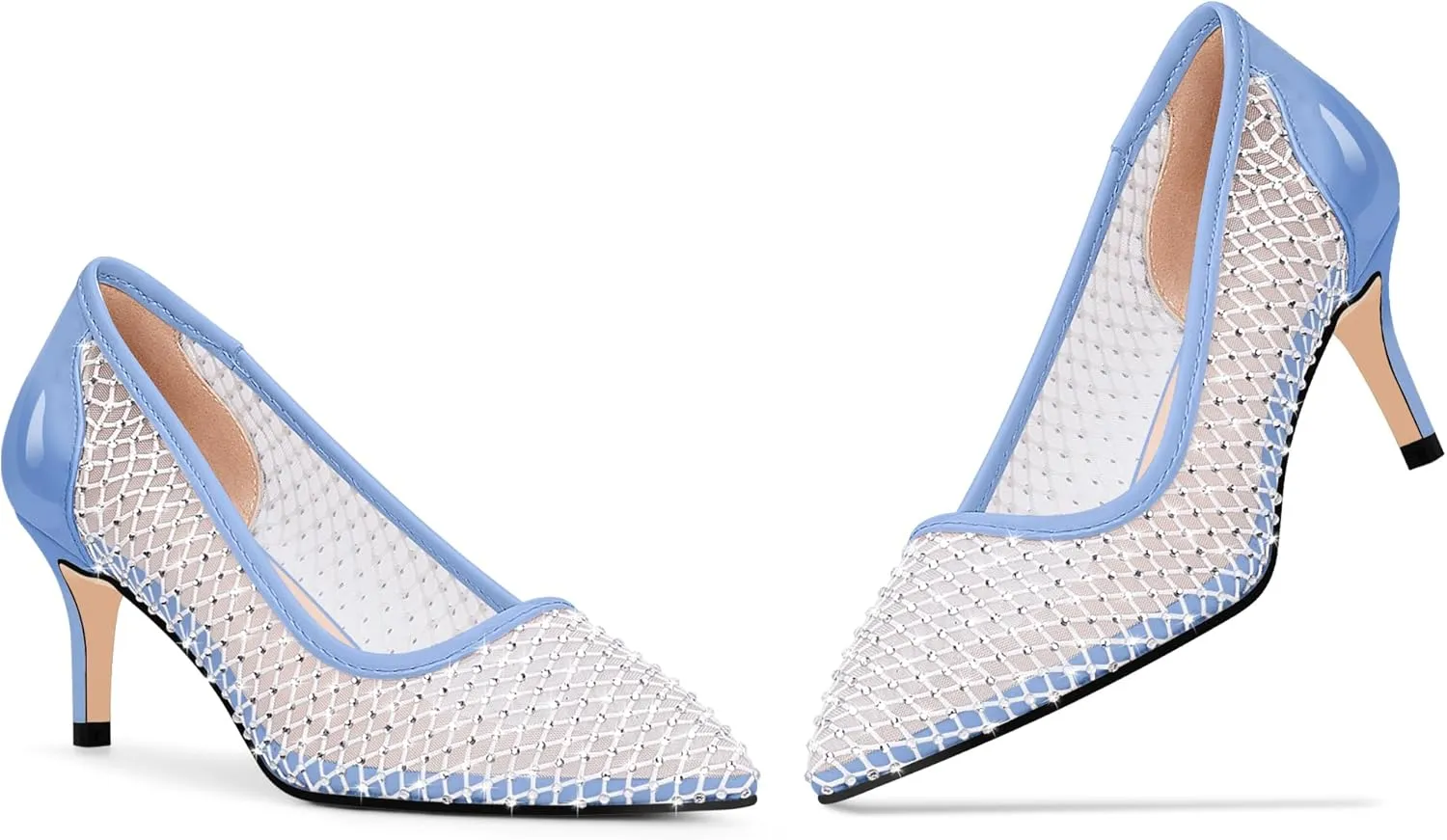 Women's Mesh Pointed Toe Stiletto Heel Pumps Rhinestone Slip On Wedding Party Dress Shoes