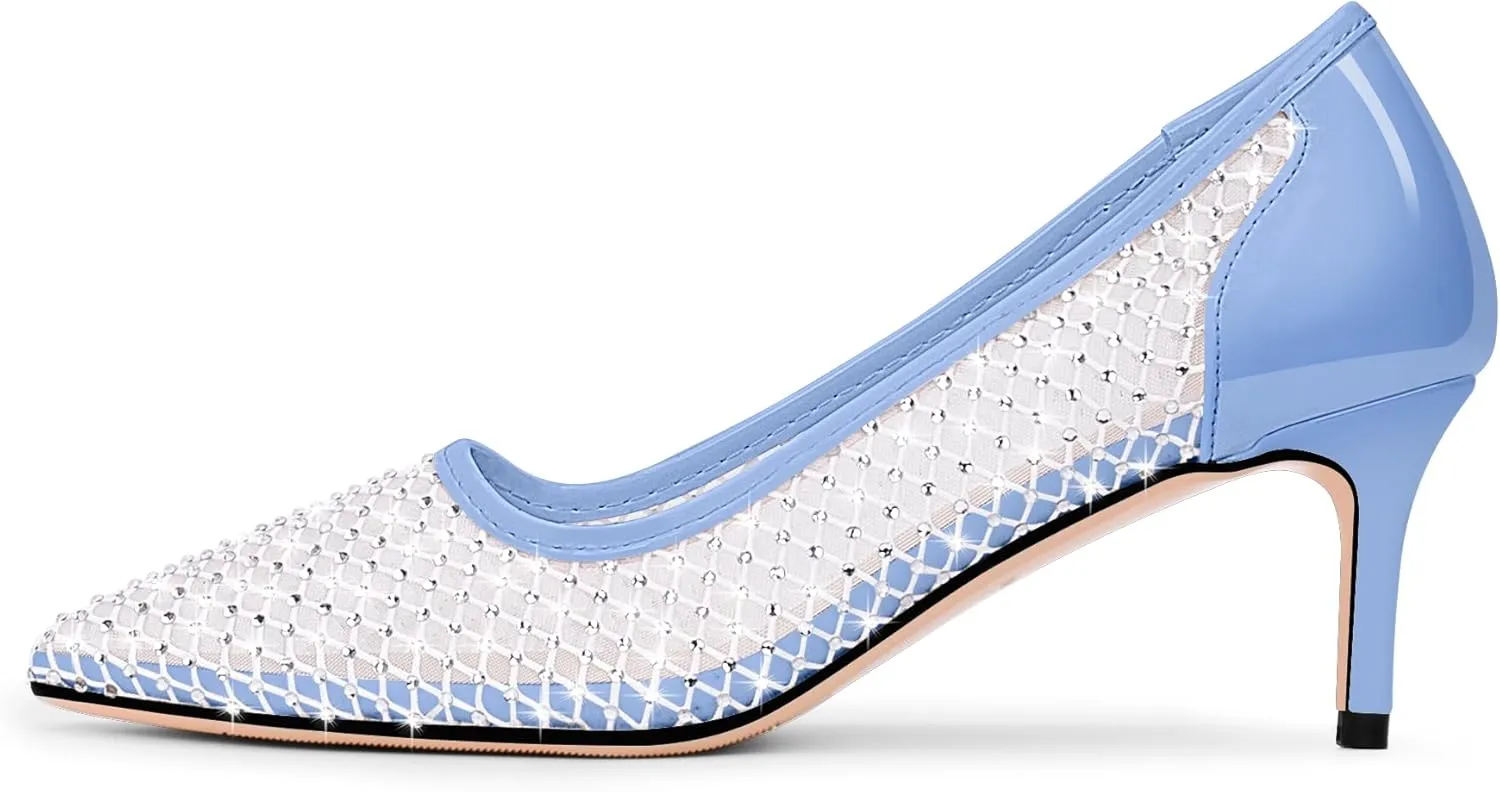 Women's Mesh Pointed Toe Stiletto Heel Pumps Rhinestone Slip On Wedding Party Dress Shoes