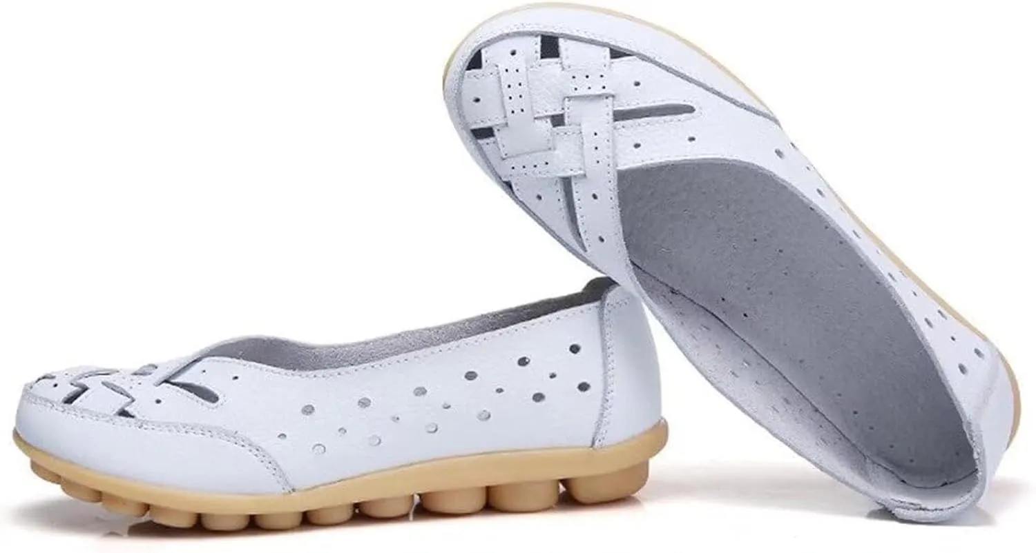 Women's Orthopedic Breathable Leather Loafers Hollow Cutout Comfortable Soft Flats Slip On Sandals for Summer Cowhide Leather Casual Shoes