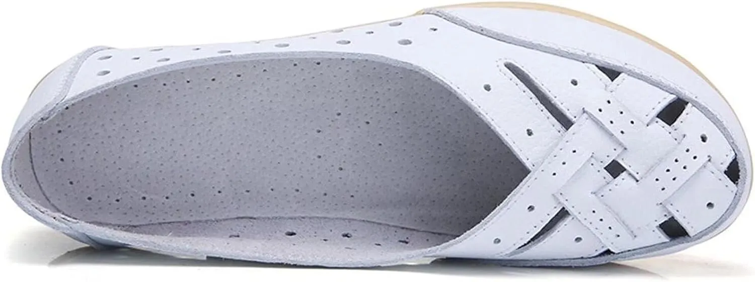 Women's Orthopedic Breathable Leather Loafers Hollow Cutout Comfortable Soft Flats Slip On Sandals for Summer Cowhide Leather Casual Shoes