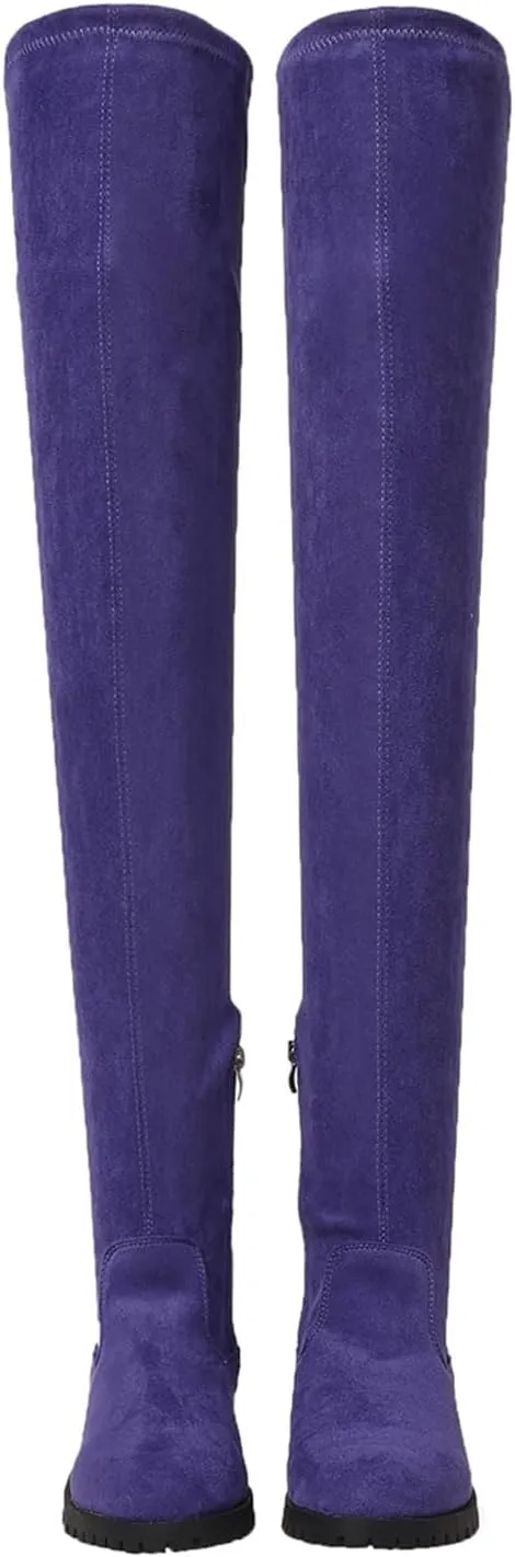 Women's Over The Knee Thigh High Chunky Low Flat Heel Boots Long Stretch Zipper Sexy Fall Fashion Boots Black Red Purple US5-11