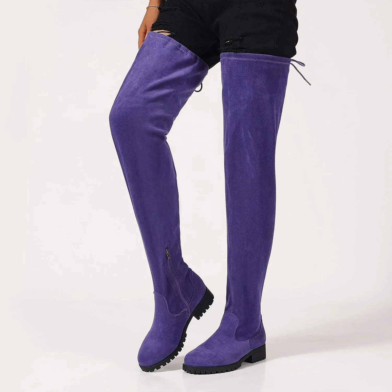 Women's Over The Knee Thigh High Chunky Low Flat Heel Boots Long Stretch Zipper Sexy Fall Fashion Boots Black Red Purple US5-11