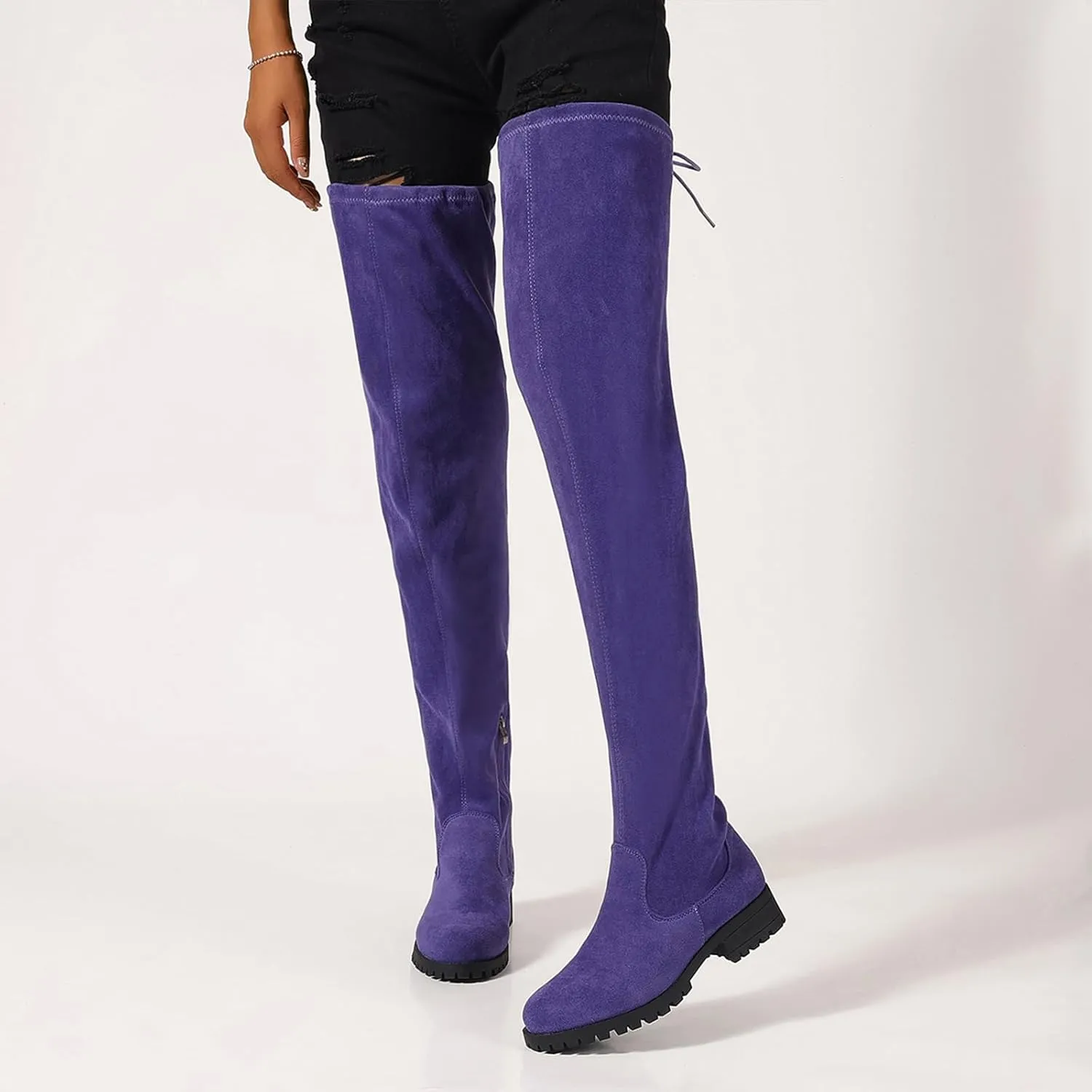 Women's Over The Knee Thigh High Chunky Low Flat Heel Boots Long Stretch Zipper Sexy Fall Fashion Boots Black Red Purple US5-11