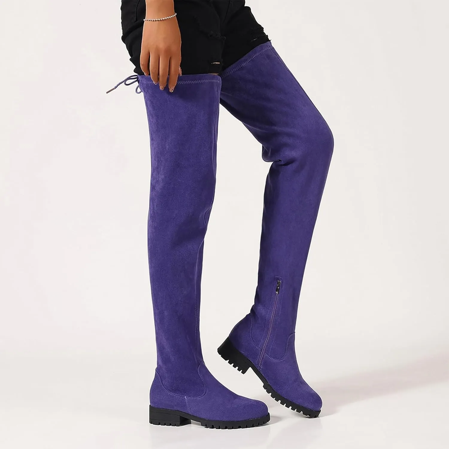 Women's Over The Knee Thigh High Chunky Low Flat Heel Boots Long Stretch Zipper Sexy Fall Fashion Boots Black Red Purple US5-11