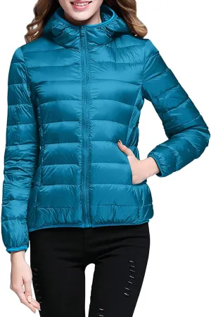 Women's Packable Jacket Coat with Pockets Short Hooded Down Jacket Solid Lightweight Full Zip Outwear Winter