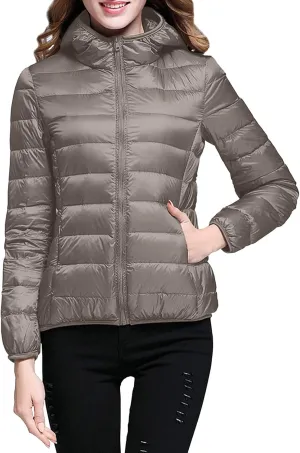 Women's Packable Jacket Coat with Pockets Short Hooded Down Jacket Solid Lightweight Full Zip Outwear Winter