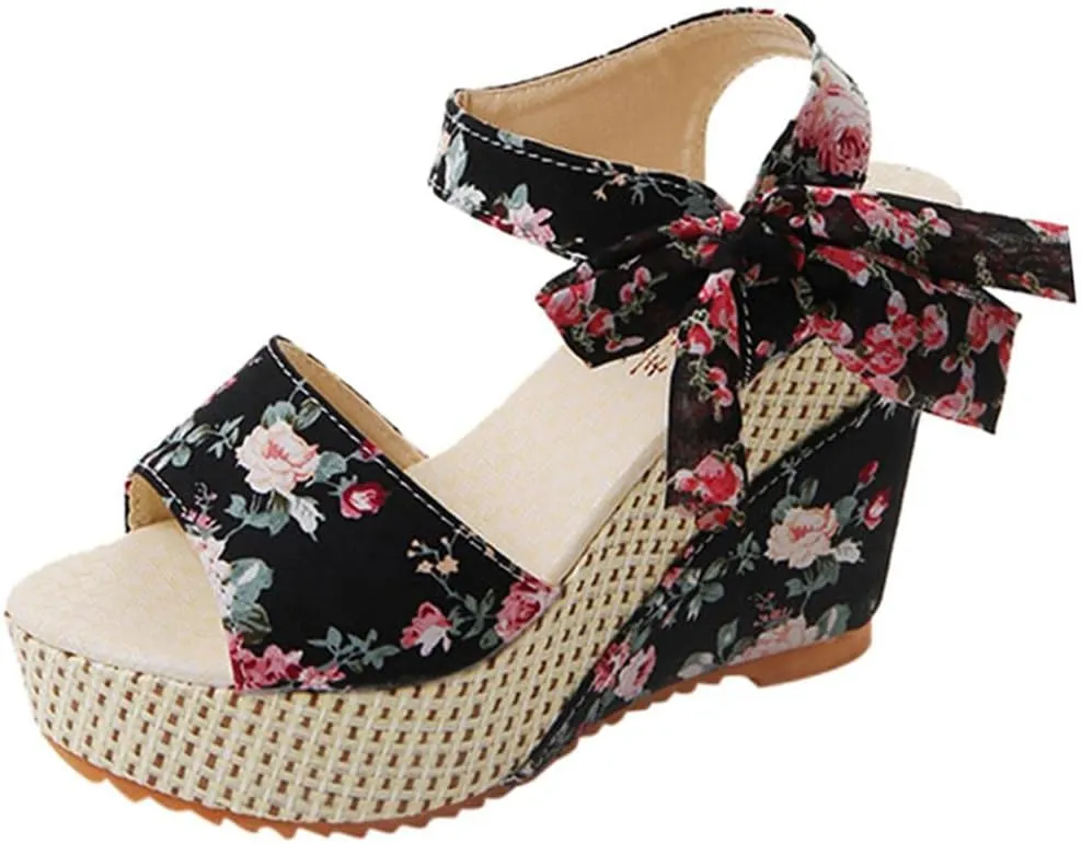 Women's Platform Sandals Wedge Open Toe Ankle Strap Lace Wedding Bridesmaid Shoes Bohemia Comfortable Low Heel Rhinestone