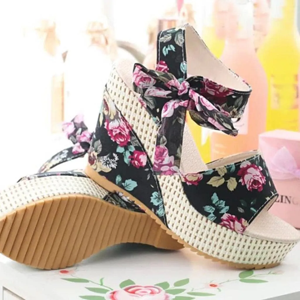 Women's Platform Sandals Wedge Open Toe Ankle Strap Lace Wedding Bridesmaid Shoes Bohemia Comfortable Low Heel Rhinestone