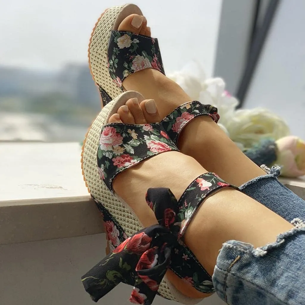 Women's Platform Sandals Wedge Open Toe Ankle Strap Lace Wedding Bridesmaid Shoes Bohemia Comfortable Low Heel Rhinestone