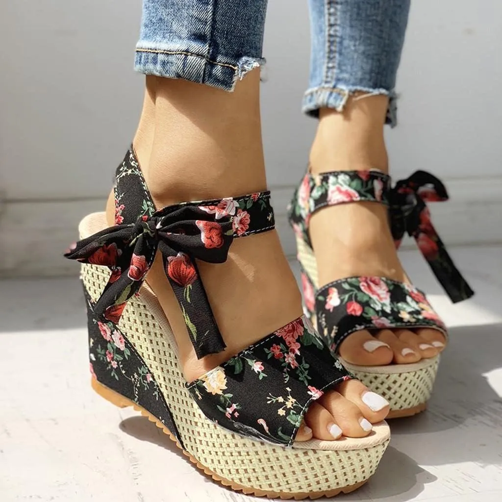 Women's Platform Sandals Wedge Open Toe Ankle Strap Lace Wedding Bridesmaid Shoes Bohemia Comfortable Low Heel Rhinestone
