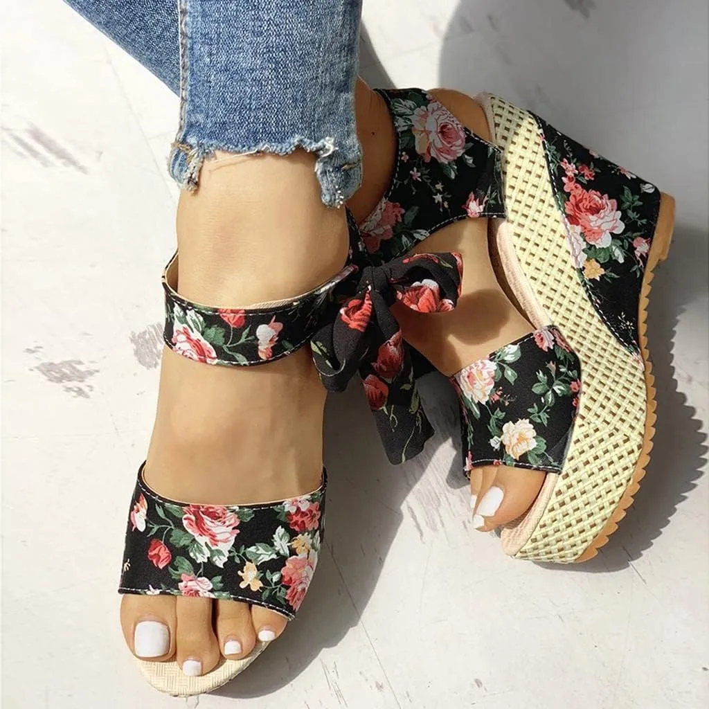 Women's Platform Sandals Wedge Open Toe Ankle Strap Lace Wedding Bridesmaid Shoes Bohemia Comfortable Low Heel Rhinestone