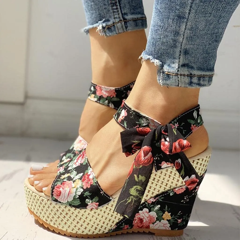 Women's Platform Sandals Wedge Open Toe Ankle Strap Lace Wedding Bridesmaid Shoes Bohemia Comfortable Low Heel Rhinestone