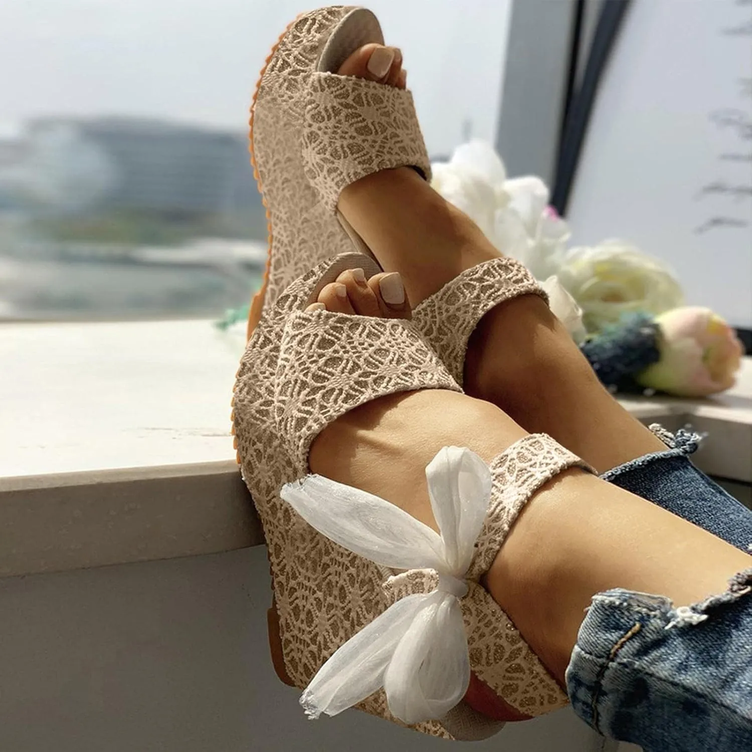 Women's Platform Sandals Wedge Open Toe Ankle Strap Lace Wedding Bridesmaid Shoes Casual Close Toe Bohemia Low Heel