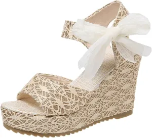 Women's Platform Sandals Wedge Open Toe Ankle Strap Lace Wedding Bridesmaid Shoes Casual Close Toe Bohemia Low Heel