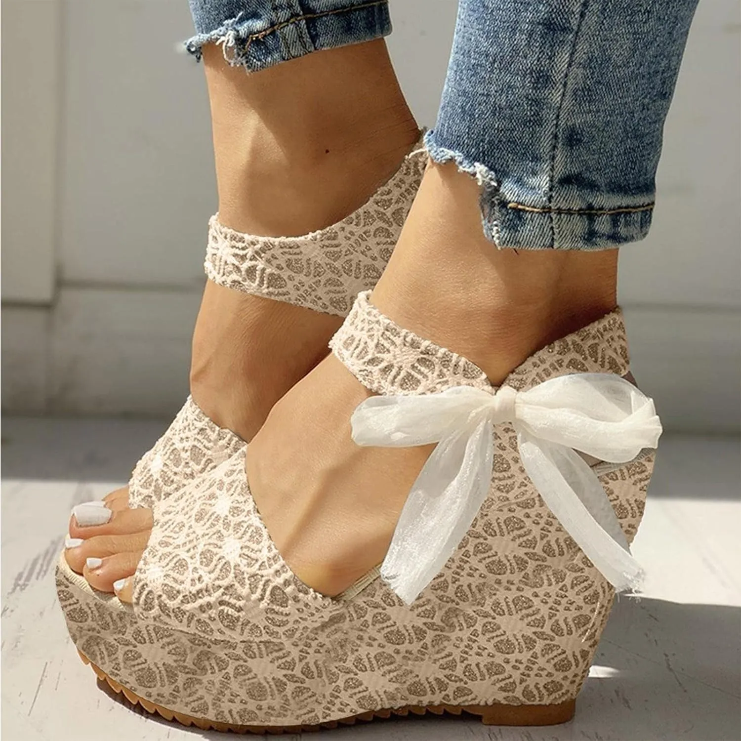 Women's Platform Sandals Wedge Open Toe Ankle Strap Lace Wedding Bridesmaid Shoes Casual Close Toe Bohemia Low Heel