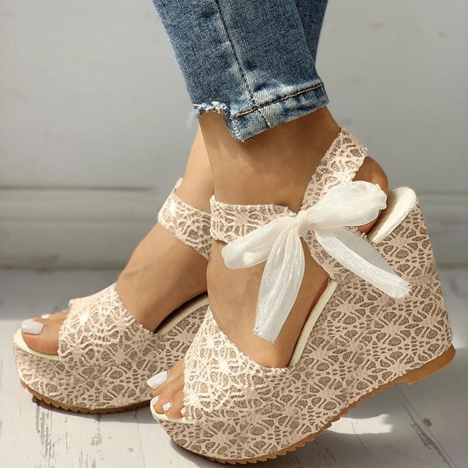 Women's Platform Sandals Wedge Open Toe Ankle Strap Lace Wedding Bridesmaid Shoes Casual Close Toe Bohemia Low Heel