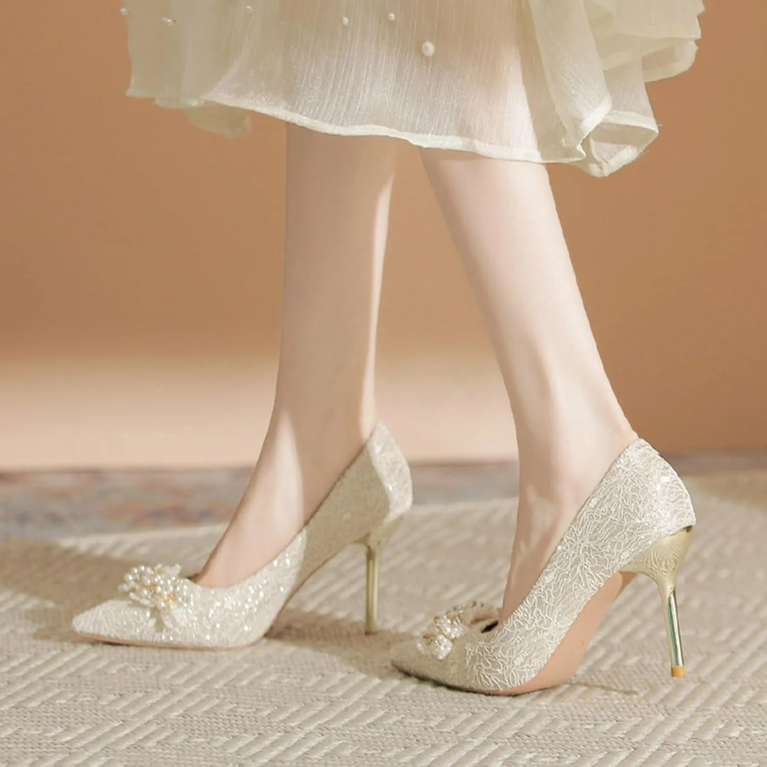 Women's Pointed Closed Toe High Heel Pumps Dressy Pearl Flowers Lace Mesh Bridal Wedding Stilettos Heels Comfort Slip On Party Prom Dress Pumps