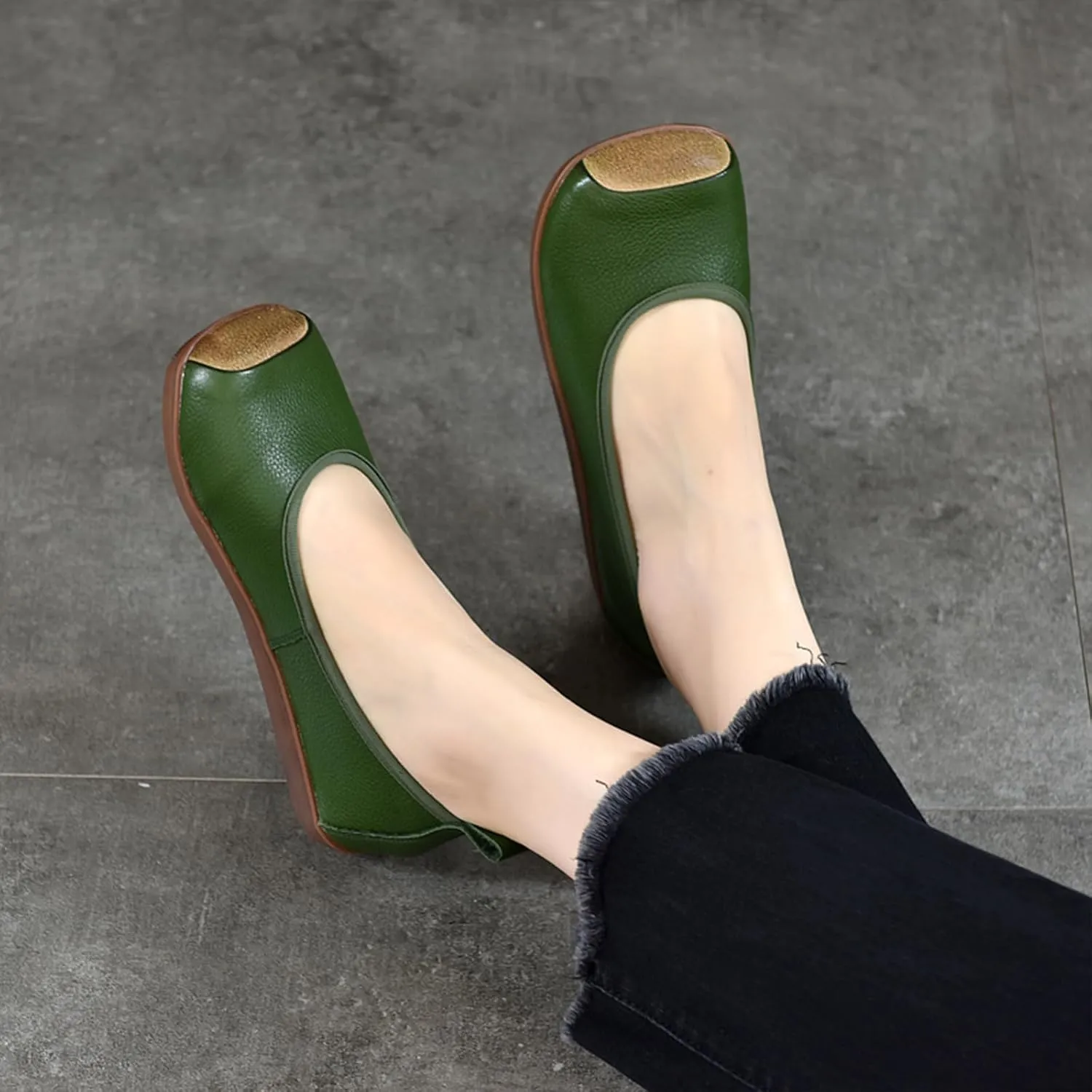 Women's Retro Genuine Leather Loafers Comfort Slip On Square Wide Toe Soft Bottom Low Heeled Ballet Flats Lightweight Non-Slip Prom Dress Shoes