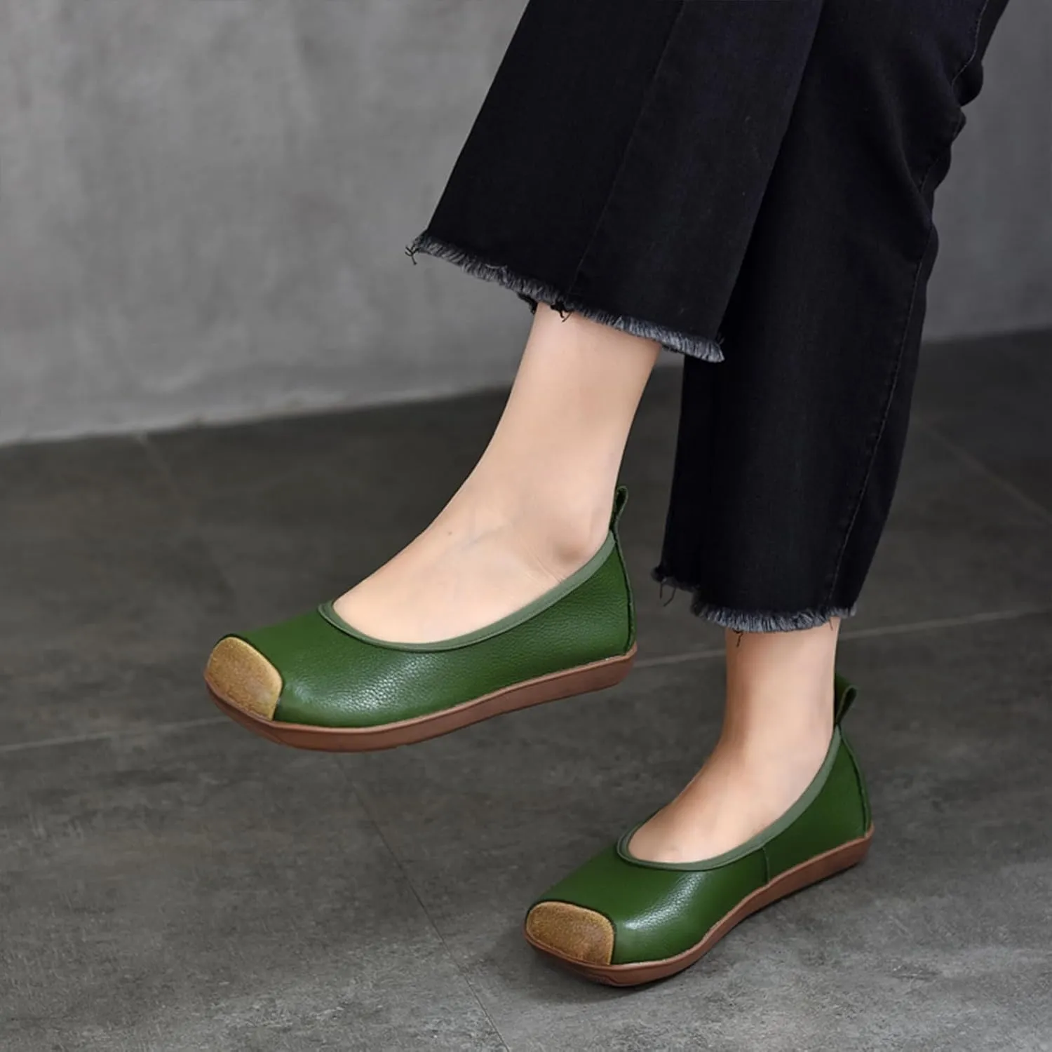 Women's Retro Genuine Leather Loafers Comfort Slip On Square Wide Toe Soft Bottom Low Heeled Ballet Flats Lightweight Non-Slip Prom Dress Shoes