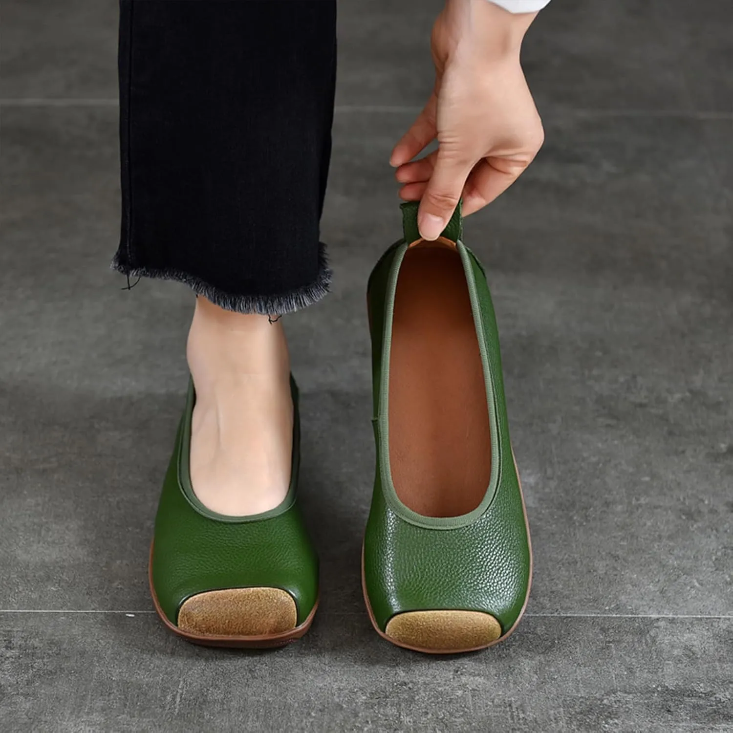 Women's Retro Genuine Leather Loafers Comfort Slip On Square Wide Toe Soft Bottom Low Heeled Ballet Flats Lightweight Non-Slip Prom Dress Shoes