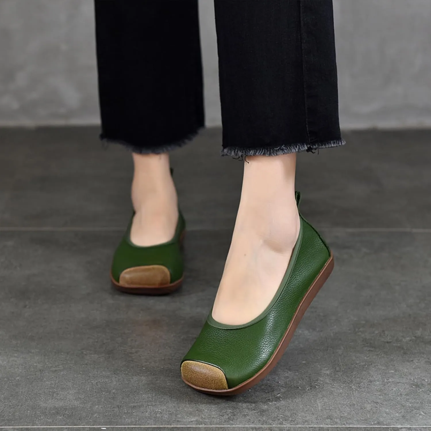 Women's Retro Genuine Leather Loafers Comfort Slip On Square Wide Toe Soft Bottom Low Heeled Ballet Flats Lightweight Non-Slip Prom Dress Shoes