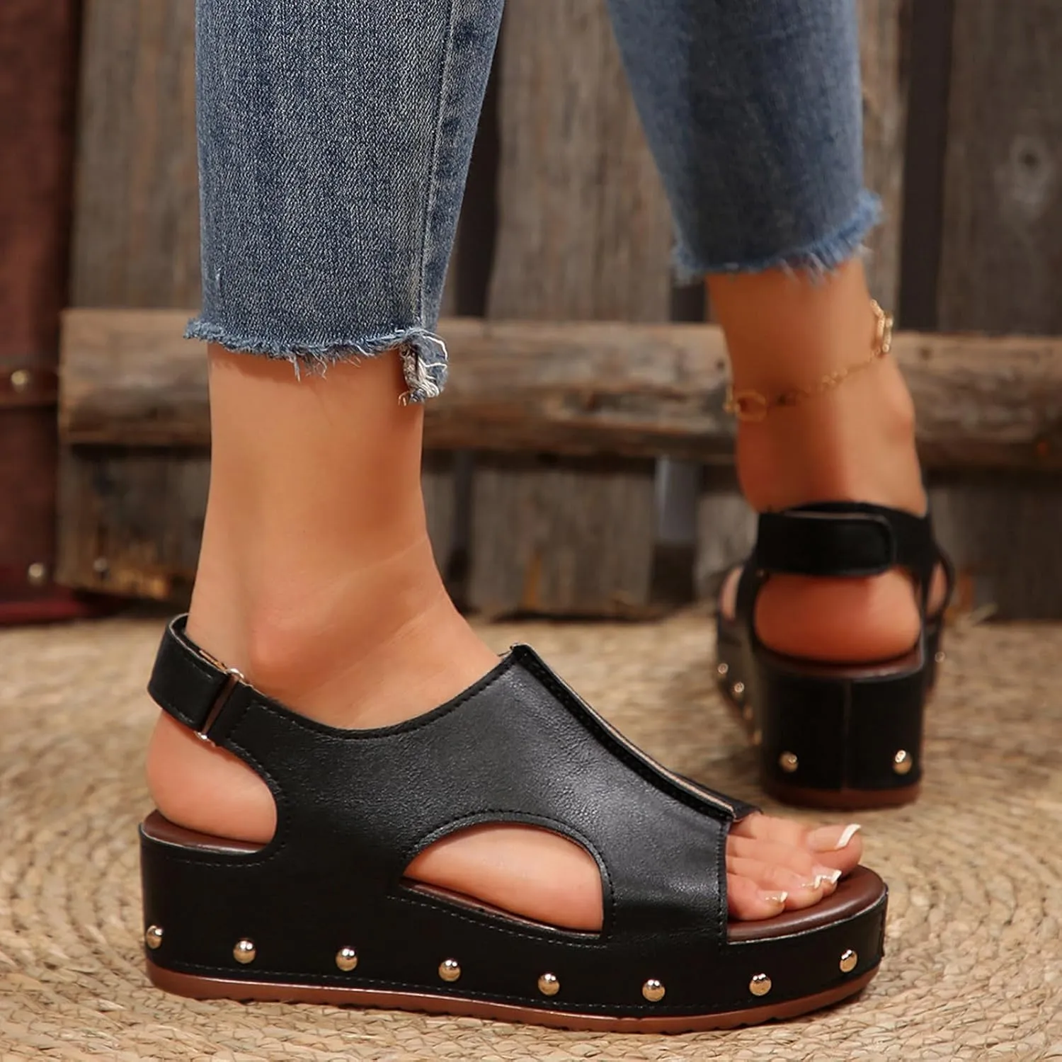 Women's Retro Wedge Sandal - 2 Inch Cushioned Wedge, Hook & Loop Closure for Comfort Style, Perfect Casual Dressy Outfits, All Day Wear Shoe