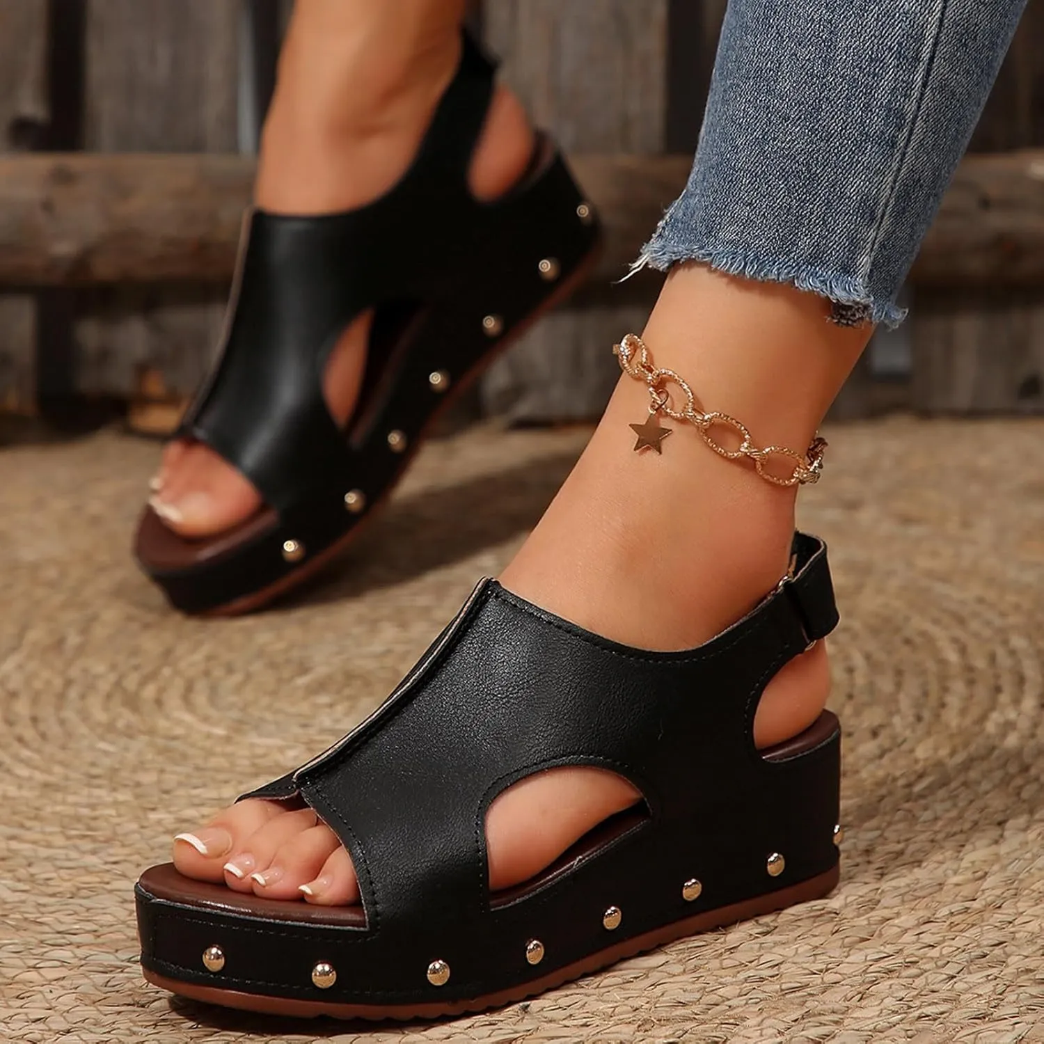 Women's Retro Wedge Sandal - 2 Inch Cushioned Wedge, Hook & Loop Closure for Comfort Style, Perfect Casual Dressy Outfits, All Day Wear Shoe