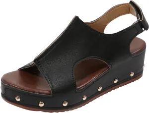 Women's Retro Wedge Sandal - 2 Inch Cushioned Wedge, Hook & Loop Closure for Comfort Style, Perfect Casual Dressy Outfits, All Day Wear Shoe