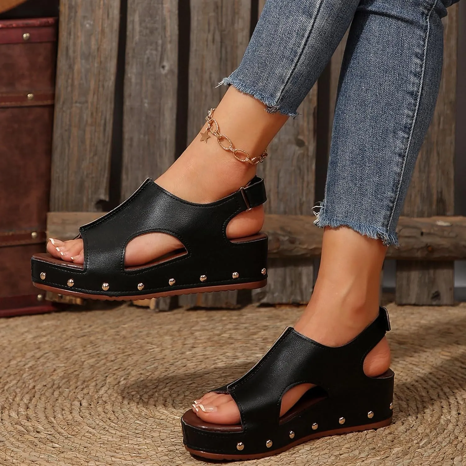 Women's Retro Wedge Sandal - 2 Inch Cushioned Wedge, Hook & Loop Closure for Comfort Style, Perfect Casual Dressy Outfits, All Day Wear Shoe