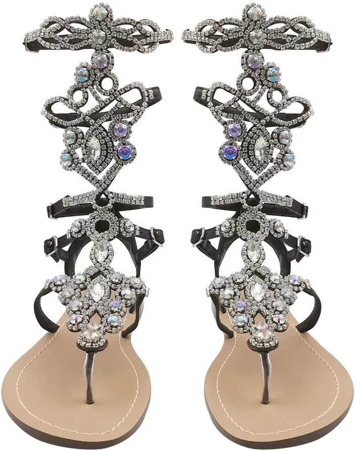 Women's Rhinestone Gladiator Sandals Stylish Flats for Summer Beach Weddings