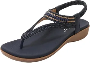 Womens Sandals Comfort Arch Support Sandals Summer Walking Shoes, Dressy Slingback Rhinestone Flat Sandals Casual Elastic Ankle Strap Flip Flops Shoes