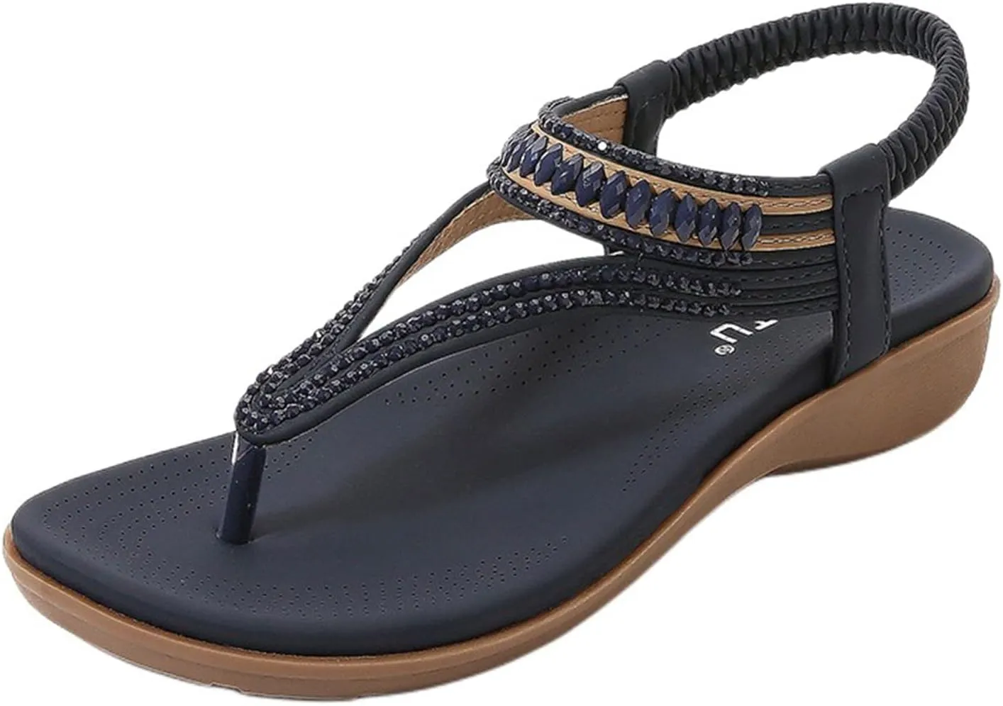 Womens Sandals Comfort Arch Support Sandals Summer Walking Shoes, Dressy Slingback Rhinestone Flat Sandals Casual Elastic Ankle Strap Flip Flops Shoes