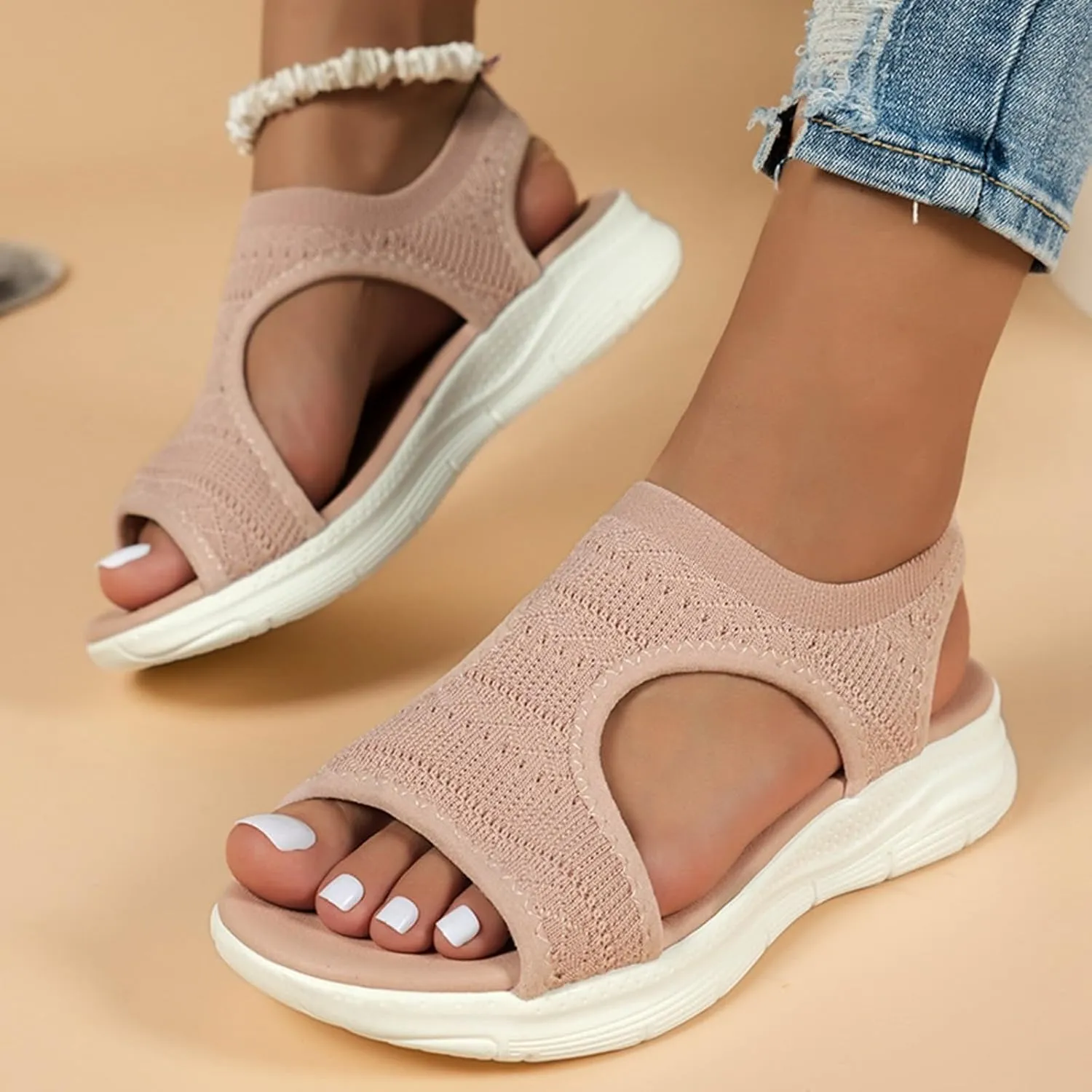 Womens Sandals Comfortable Dressy Knit Hollow Out Mesh Slides Sandals Open Toe Slingback Yoga Mat Non Slip Sandal for All Occasions: Casual, Work, Party