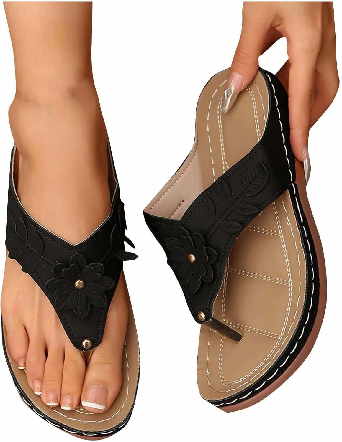 Womens Sandals Comfortable Trendy Flip Flops Open Toe Slides Cushion Footbed Platform Wedge Summer Beach Shoes Hiking Workout