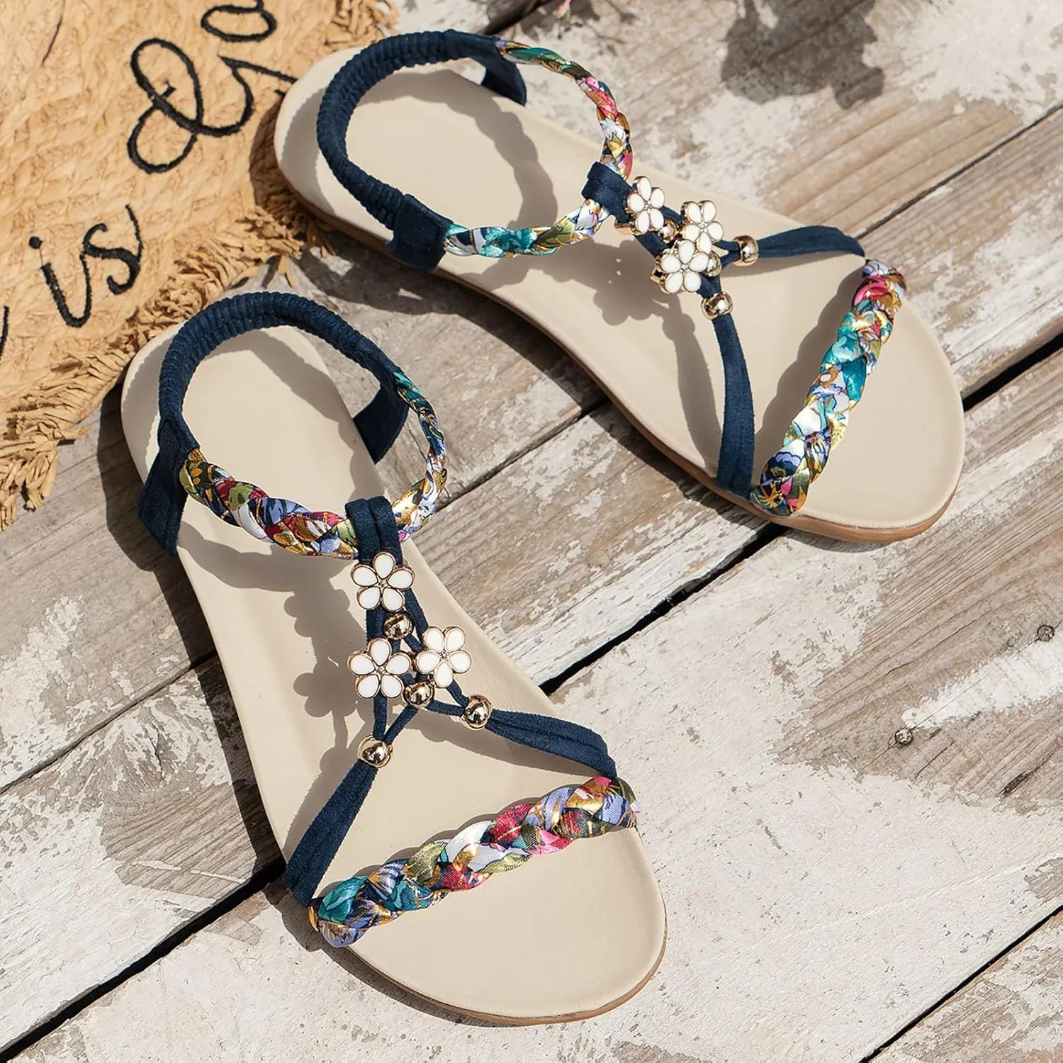 Womens Sandals Dressy Open Toe Beach Flats For Women Woven Elastic Strap Casual Bohemian Summer Dress Flat Shoes