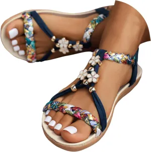 Womens Sandals Dressy Open Toe Beach Flats For Women Woven Elastic Strap Casual Bohemian Summer Dress Flat Shoes