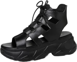 Womens Sandals Summer fashion sandals, high-end lace up shoes, black casual outdoor platform beach shoes for women