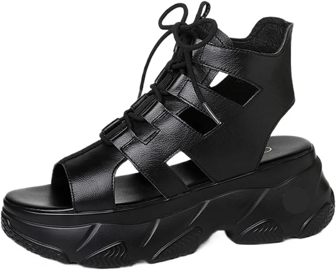 Womens Sandals Summer fashion sandals, high-end lace up shoes, black casual outdoor platform beach shoes for women