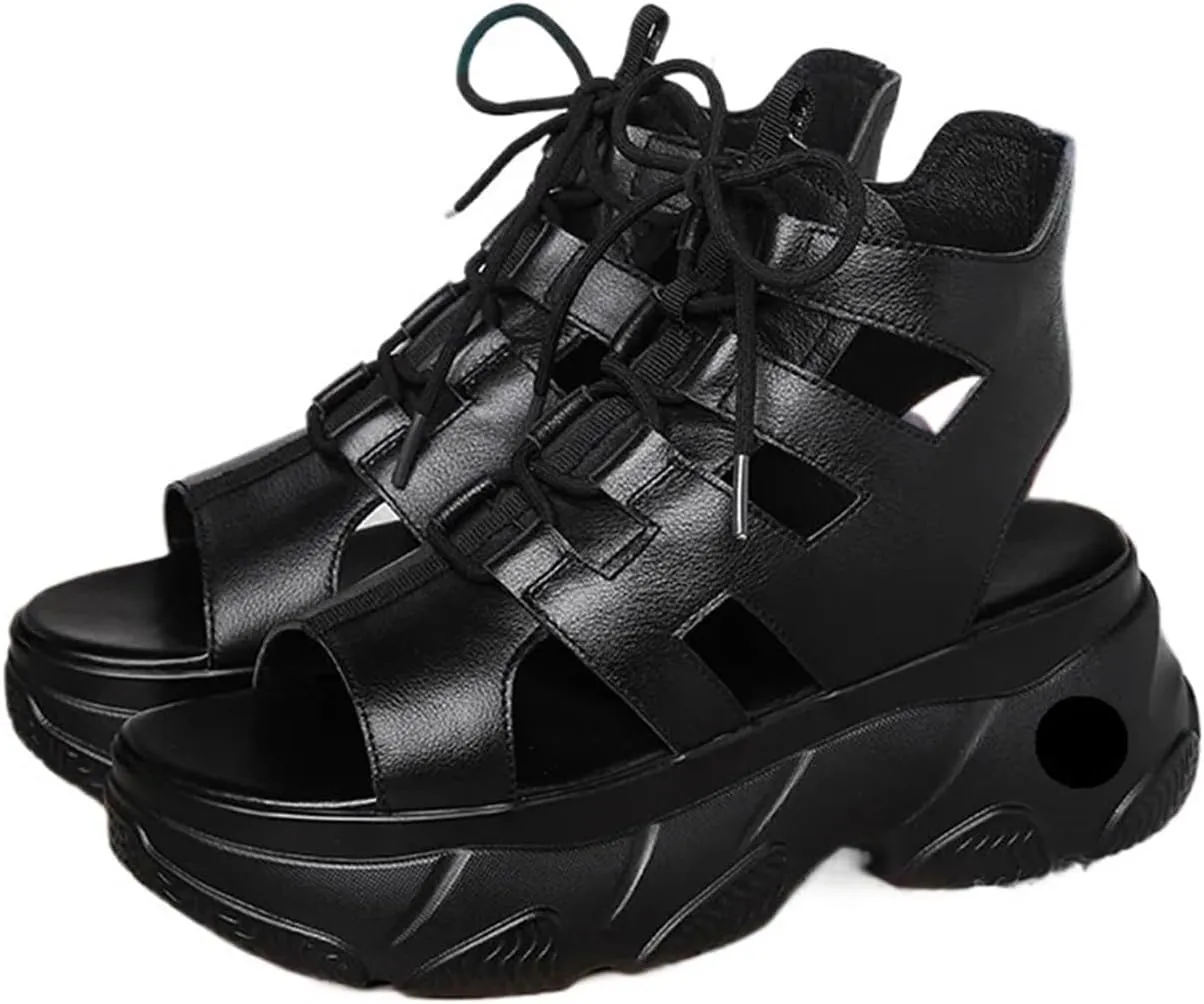 Womens Sandals Summer fashion sandals, high-end lace up shoes, black casual outdoor platform beach shoes for women