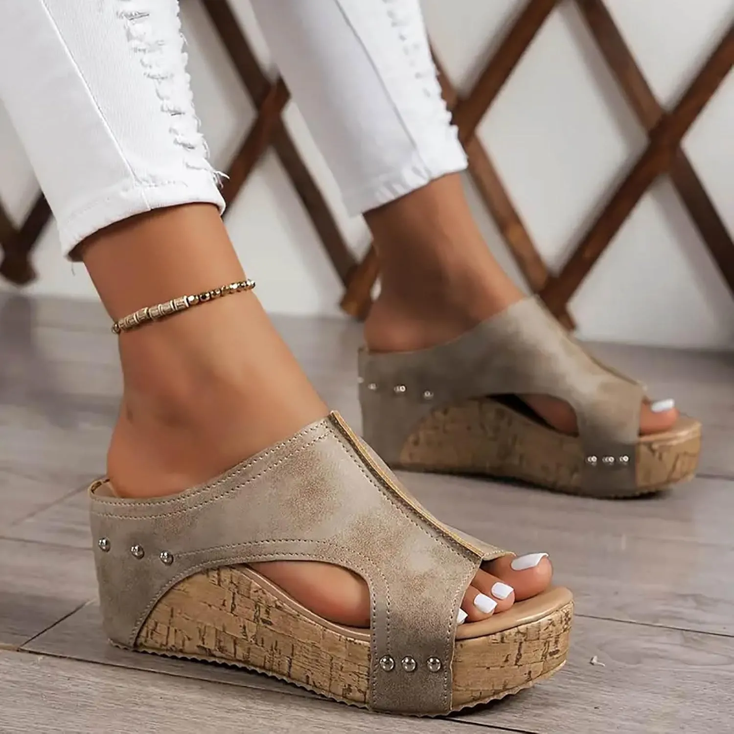 Womens Sandals Wedge Thick Bottom Studded Comfort Slope Sandals Women Summer Fashion Peep Toe Slip On Slide Slippers