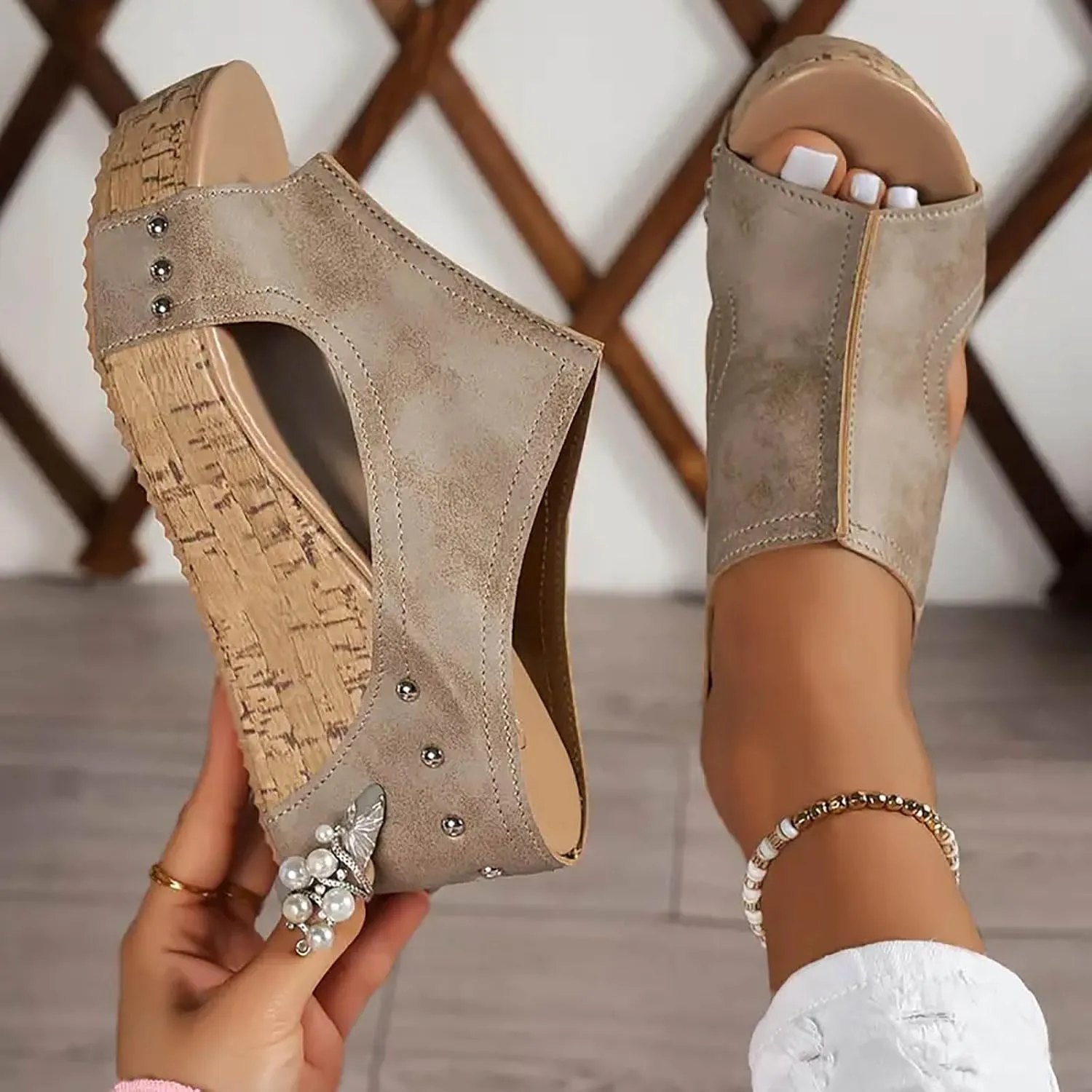 Womens Sandals Wedge Thick Bottom Studded Comfort Slope Sandals Women Summer Fashion Peep Toe Slip On Slide Slippers