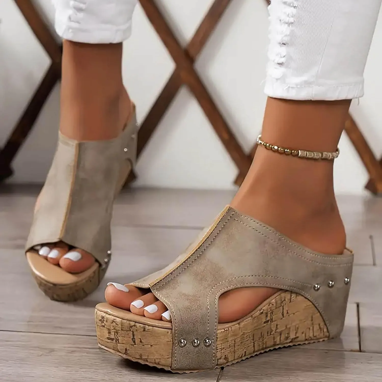 Womens Sandals Wedge Thick Bottom Studded Comfort Slope Sandals Women Summer Fashion Peep Toe Slip On Slide Slippers