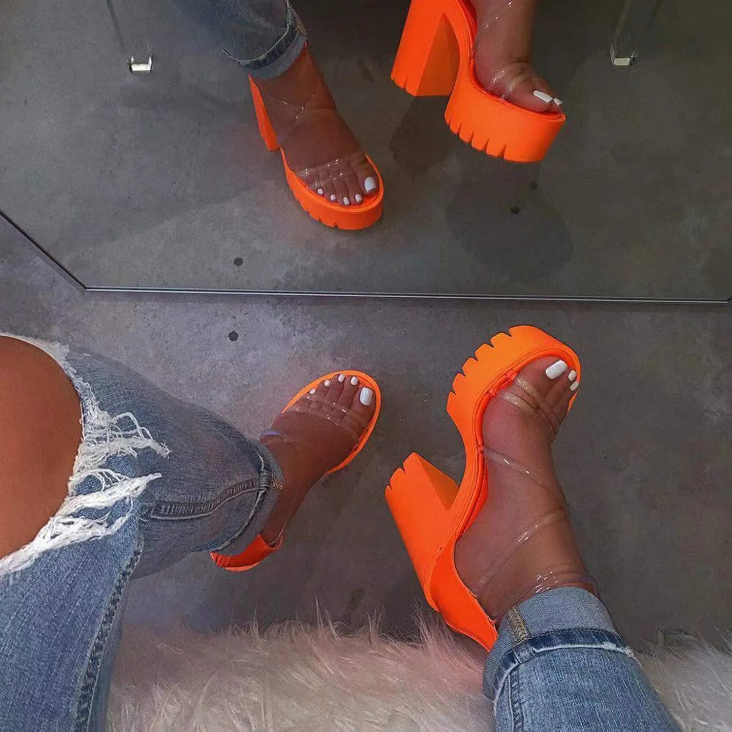 Womens Sandals, Women's Fashion High Heel Sandals Transparent Strappy Sandals Thick Sole Block Heel Zipper Sandals High Top Party Sandals