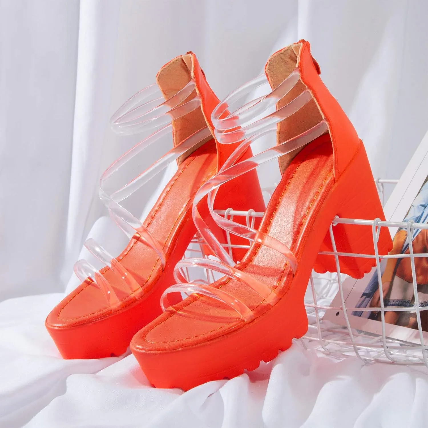 Womens Sandals, Women's Fashion High Heel Sandals Transparent Strappy Sandals Thick Sole Block Heel Zipper Sandals High Top Party Sandals
