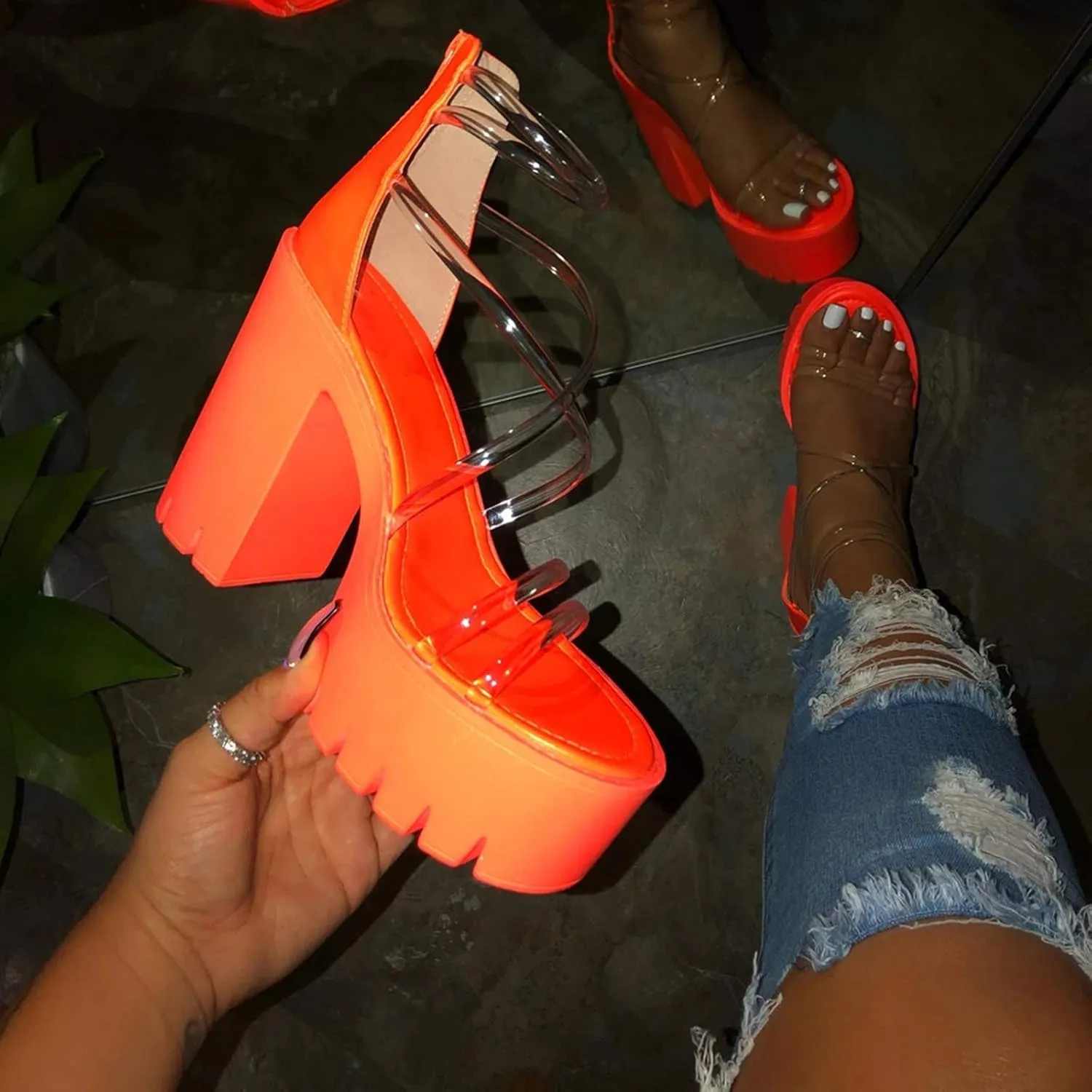 Womens Sandals, Women's Fashion High Heel Sandals Transparent Strappy Sandals Thick Sole Block Heel Zipper Sandals High Top Party Sandals