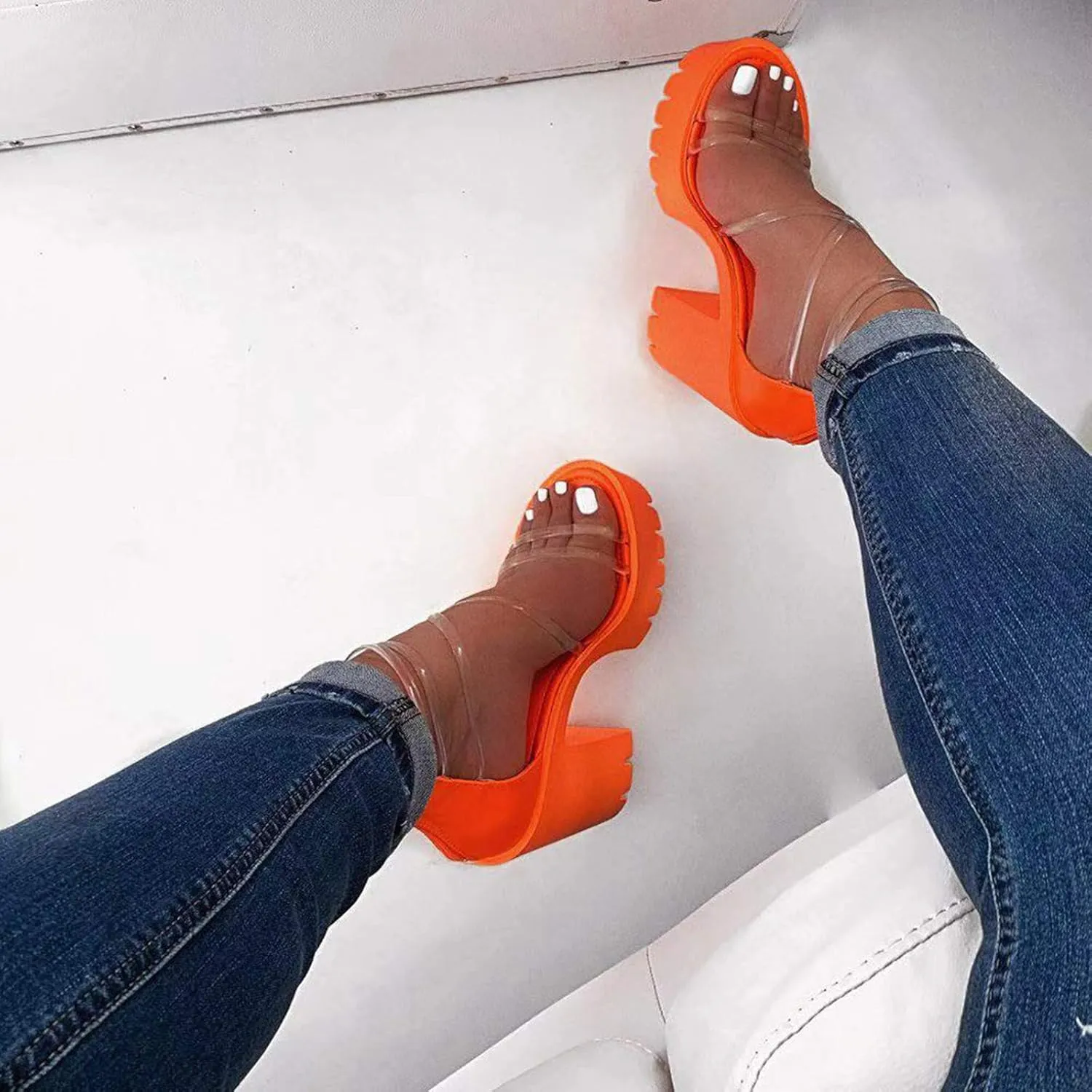 Womens Sandals, Women's Fashion High Heel Sandals Transparent Strappy Sandals Thick Sole Block Heel Zipper Sandals High Top Party Sandals