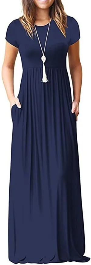 Women's Short/Long Sleeve Loose Plain Long Maxi Casual Dresses with Pockets