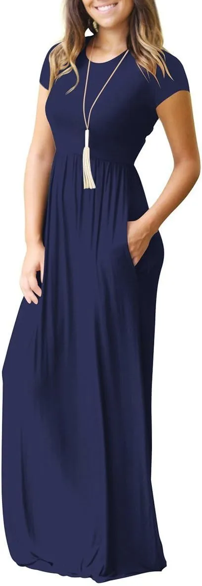Women's Short/Long Sleeve Loose Plain Long Maxi Casual Dresses with Pockets